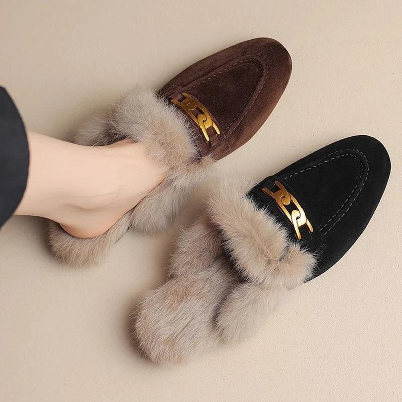 软皮毛毛拖女外穿磨砂乐福拖鞋穆勒鞋2025春秋季低跟包头拖