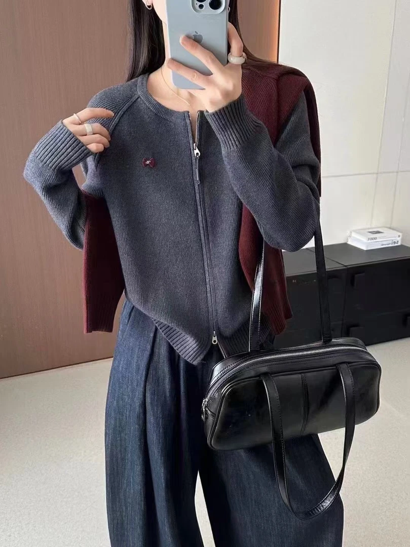 双拉链安迪绒针织开衫上衣女秋冬宽松慵懒风百搭软糯毛衣外套厚