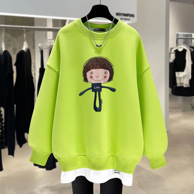 2025秋冬季新款港风洋气卡通小女孩加绒加厚假两件圆领套头卫衣女