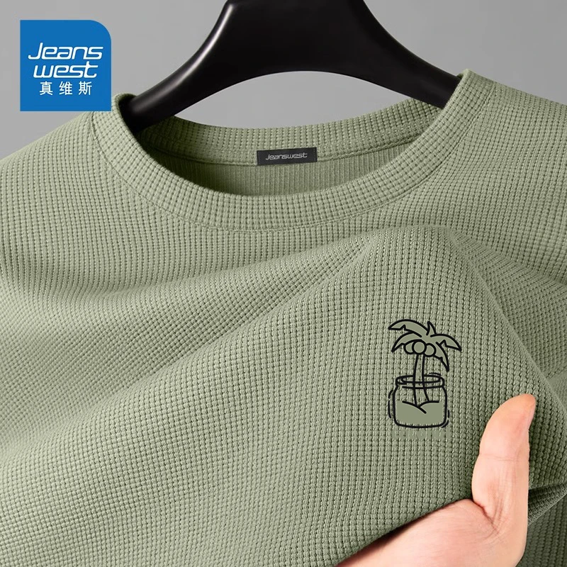 真维斯华夫格短袖男夏季新款小众设计感圆领t恤重磅学生港风体恤