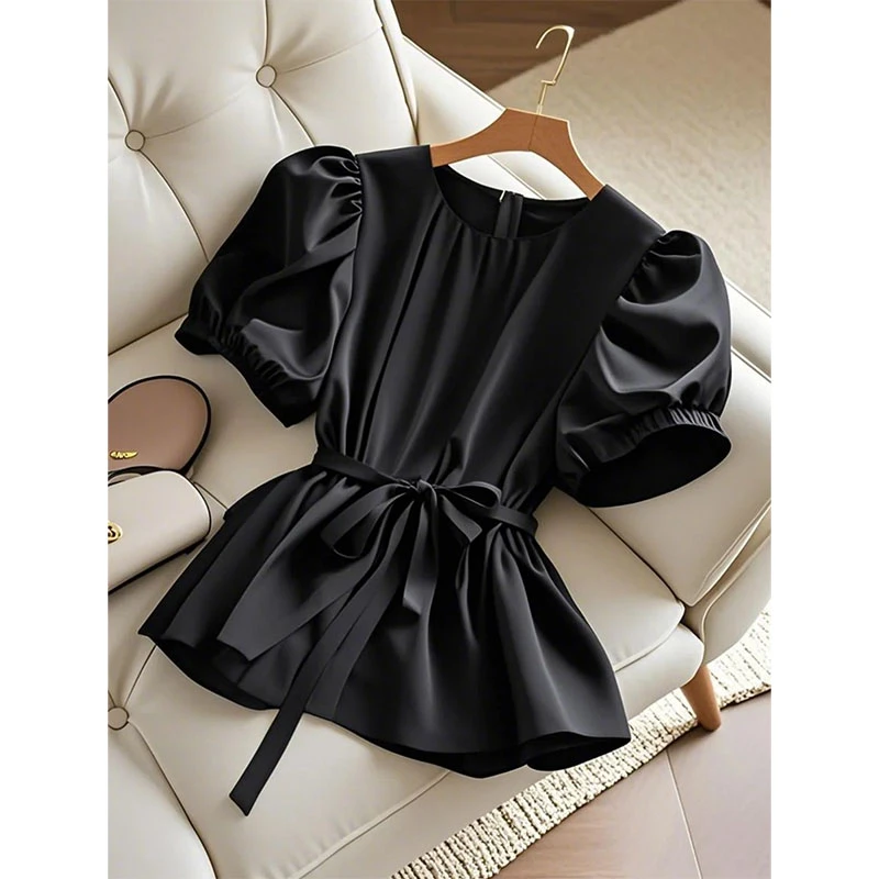 夏轻奢高级感时尚百搭漂亮小衫小清新上衣仙气飘飘黑色短袖衬衫女