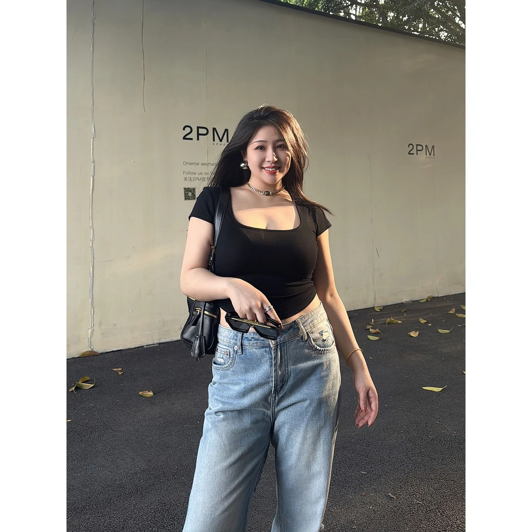 多肉宝贝【超薄螺纹棉露脐T恤】女胖mm百搭修身显瘦上衣2507B25070