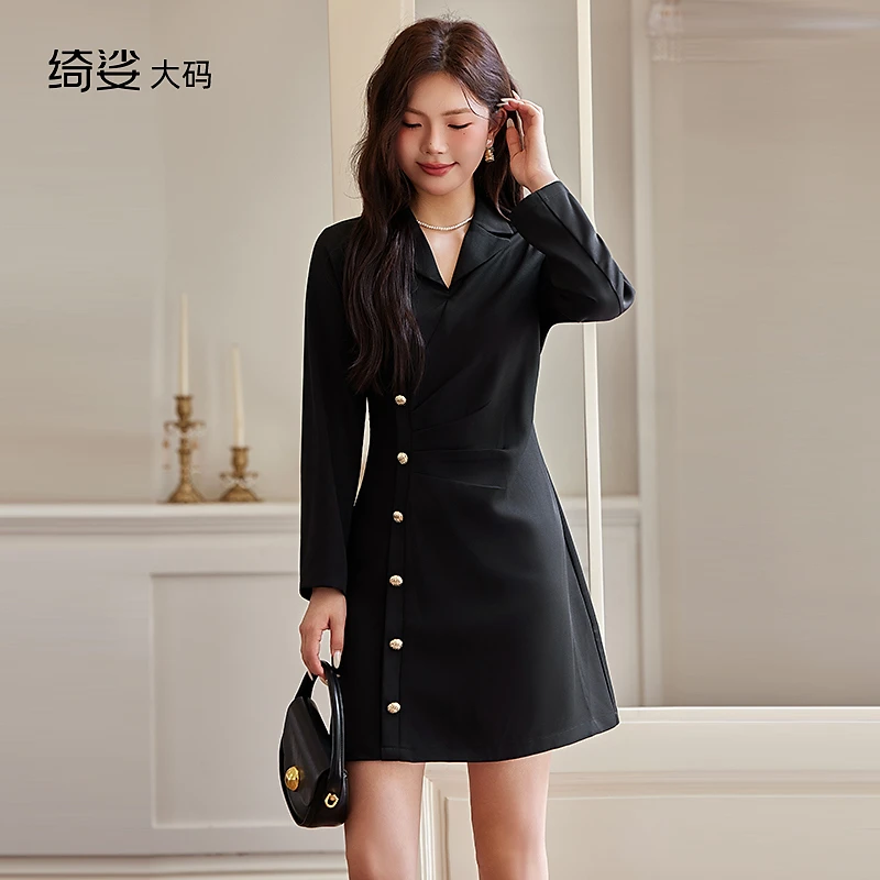 秋装新款法式气质收腰显瘦遮肉百搭长袖胖MM连衣裙
