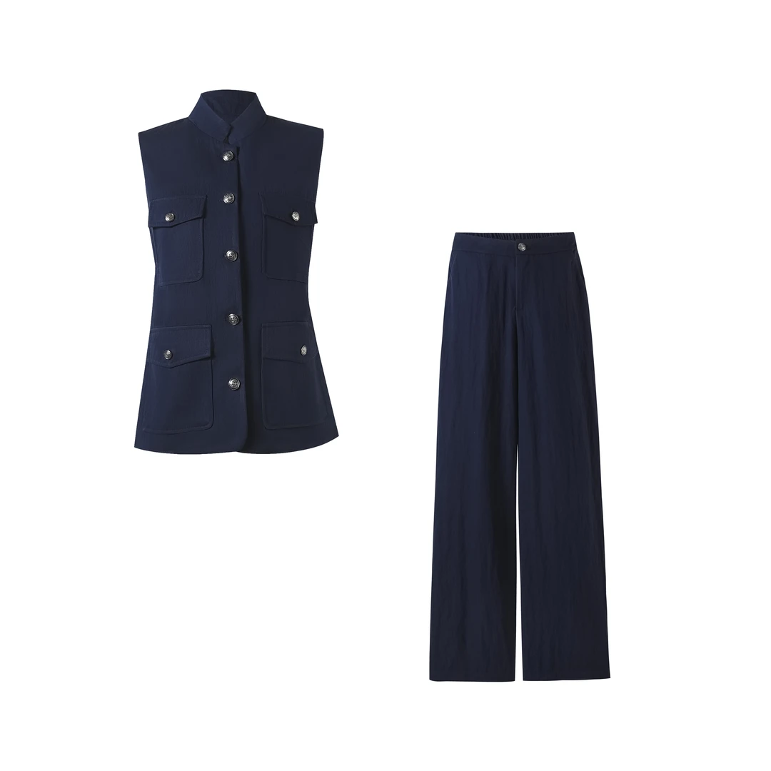 天丝亚麻冰凉套装马甲阔腿裤职业两件套老钱风无袖薄款wxx