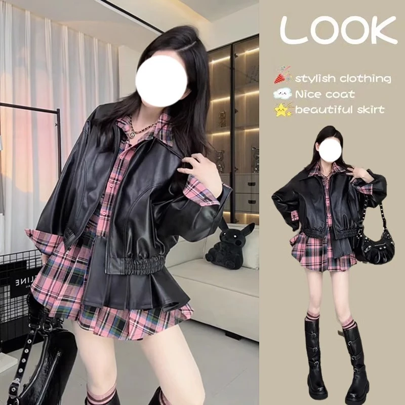 甜酷辣妹假两件拼接皮衣外套连衣裙女2025春季新款设计感短裙女装
