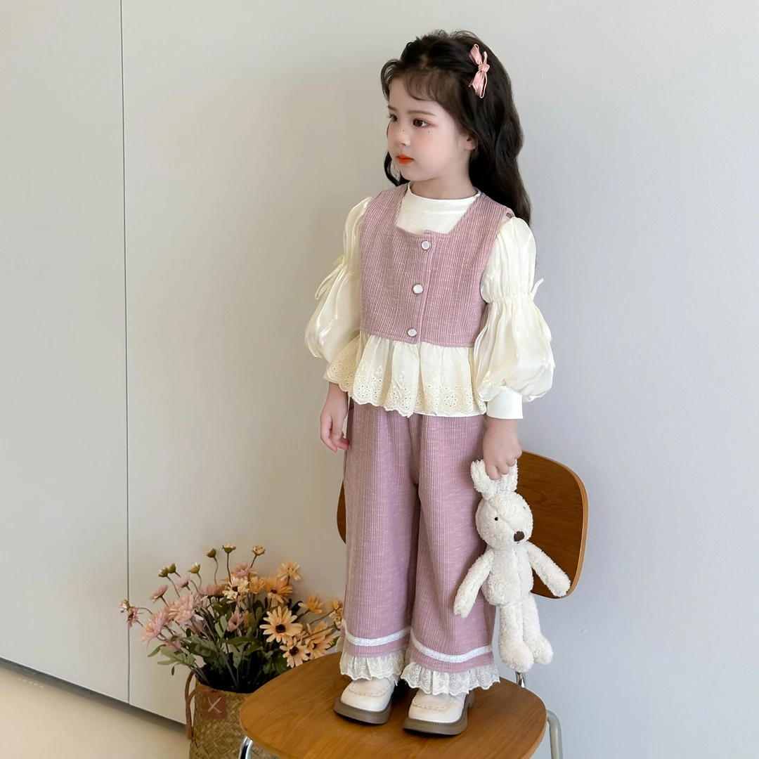 小女孩秋装洋气女童套装甜美女宝宝花边马甲阔腿裤三件套儿童秋款