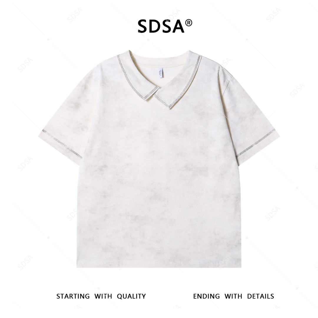 夏季高级感新款男士美式满天星翻领烫钻短袖T恤百搭时尚显瘦上衣