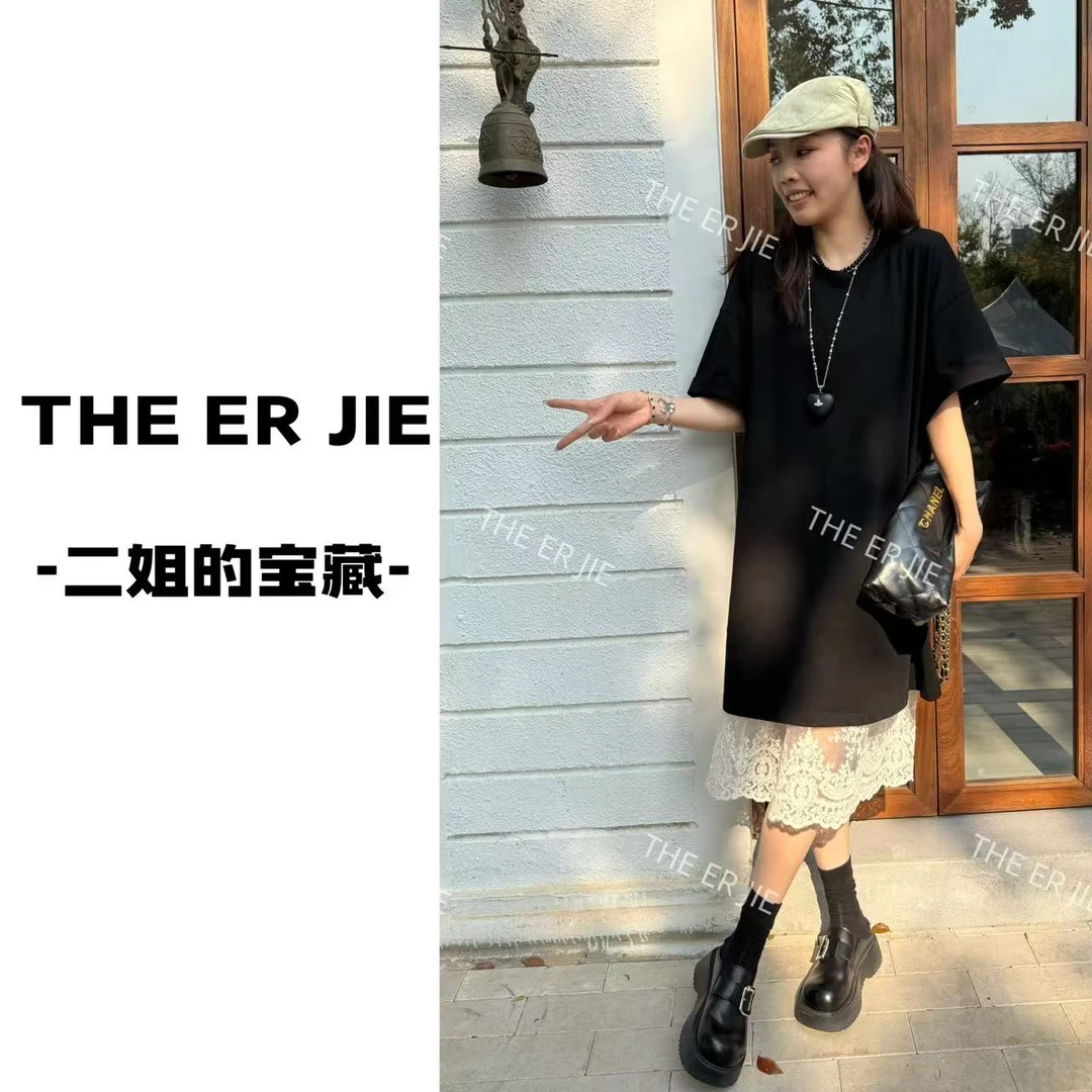 二姐的宝藏2025夏季休闲宽松黑色叠穿蕾丝连衣裙两件套#25082
