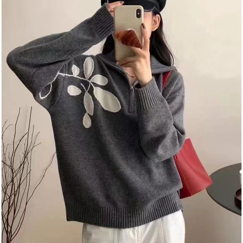 撞色叶子高领针织衫ZBS34208衣长57