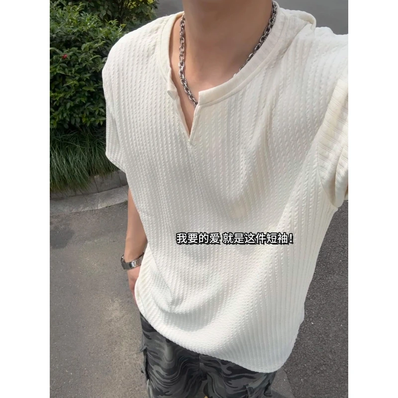 肌理感v领t恤短袖男款夏季潮流cleanfit内搭宽松凉感慵懒半袖体恤