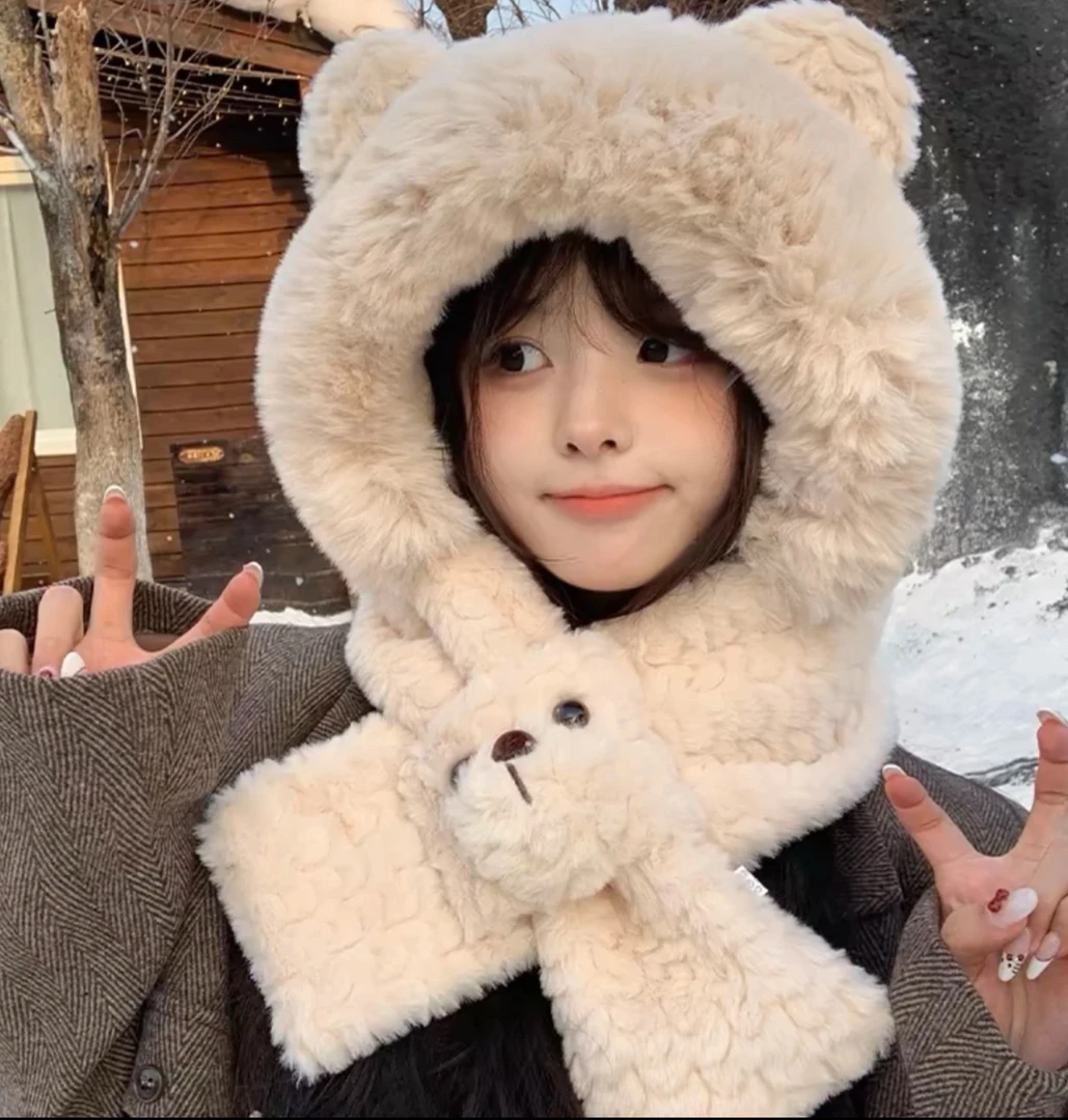 雪雪家定制小熊耳朵帽子围巾一体保暖防风加绒加厚毛绒围脖雷锋帽