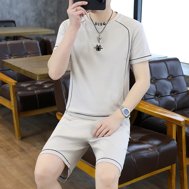 男夏季新款轻奢纯棉套装异色走线印花简约清爽百搭显瘦棉清凉透气
