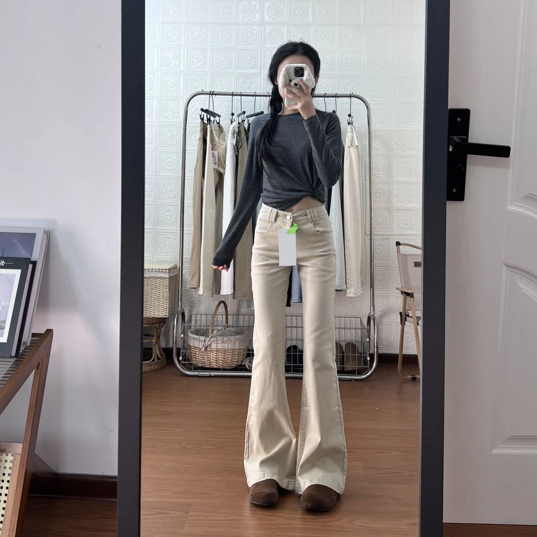 高腰设计感显瘦百搭拖地牛仔裤女秋冬美式复古卡其色微喇直筒裤子