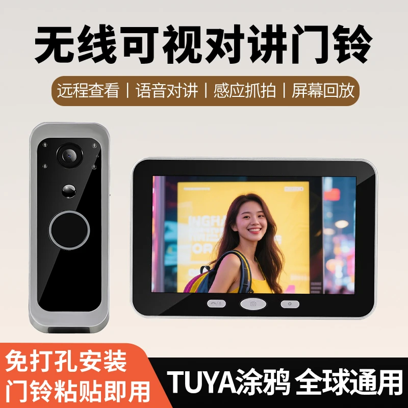 涂鸦电子猫眼可视门铃5寸显示屏远程监控猫眼家用门口无线摄像头