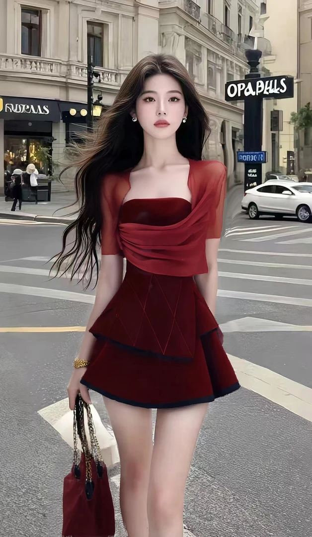 2025夏季新款轻奢优雅酒红色收腰别致设计感连衣裙女高级氛围感