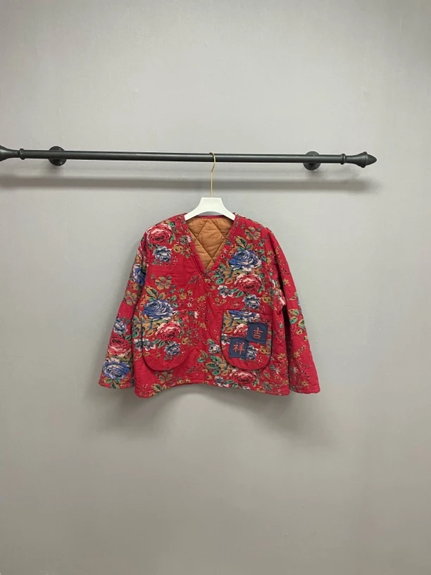 新冬季女复古文艺东北大花夹棉吉祥刺绣立体口袋棉服宽松显瘦-240