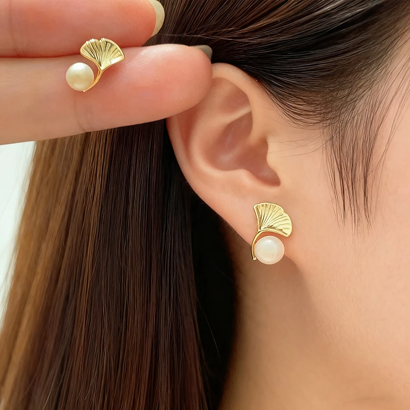 纯铜铜耳饰 新中式银杏金色珍珠高级感耳钉耳饰女轻奢精致耳钉857