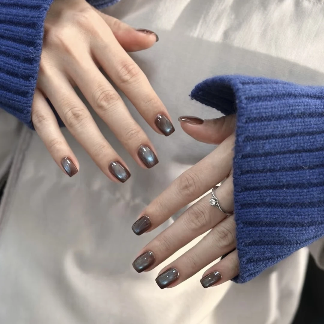 「棕蓝」有春显白时髦的高级配色猫眼短款纯手工穿戴甲