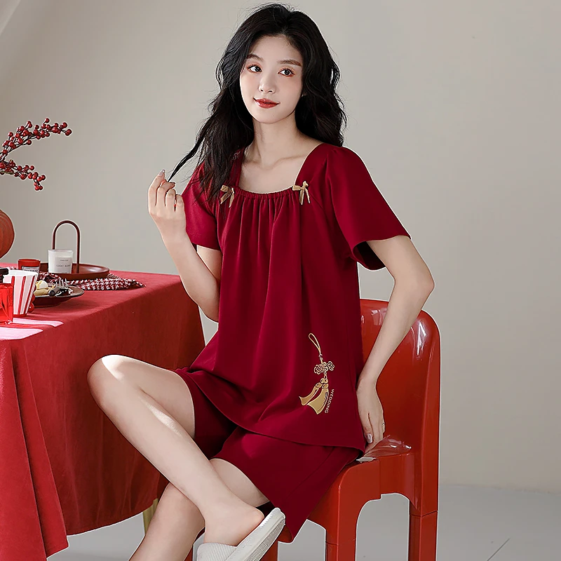 浪莎红色睡衣女夏纯棉短袖休闲喜庆本命年套头家居服结婚新款套装