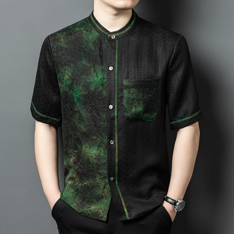 真丝桑蚕丝100%香云纱唐装短袖衬衫时尚丝绸民族风中国风新款爆款