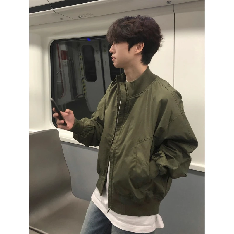 -EQME-军绿色短款飞行员夹克男秋季美式复古vibe棒球服美式痞帅