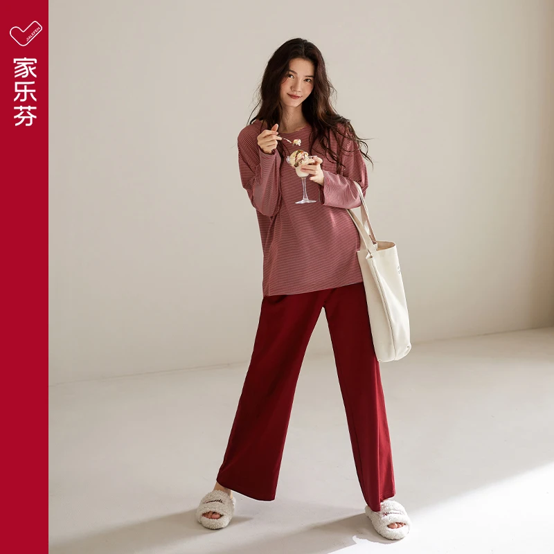 家乐芬睡衣女春秋款秋季纯棉长袖家居服早秋慵懒时尚显瘦条纹套装