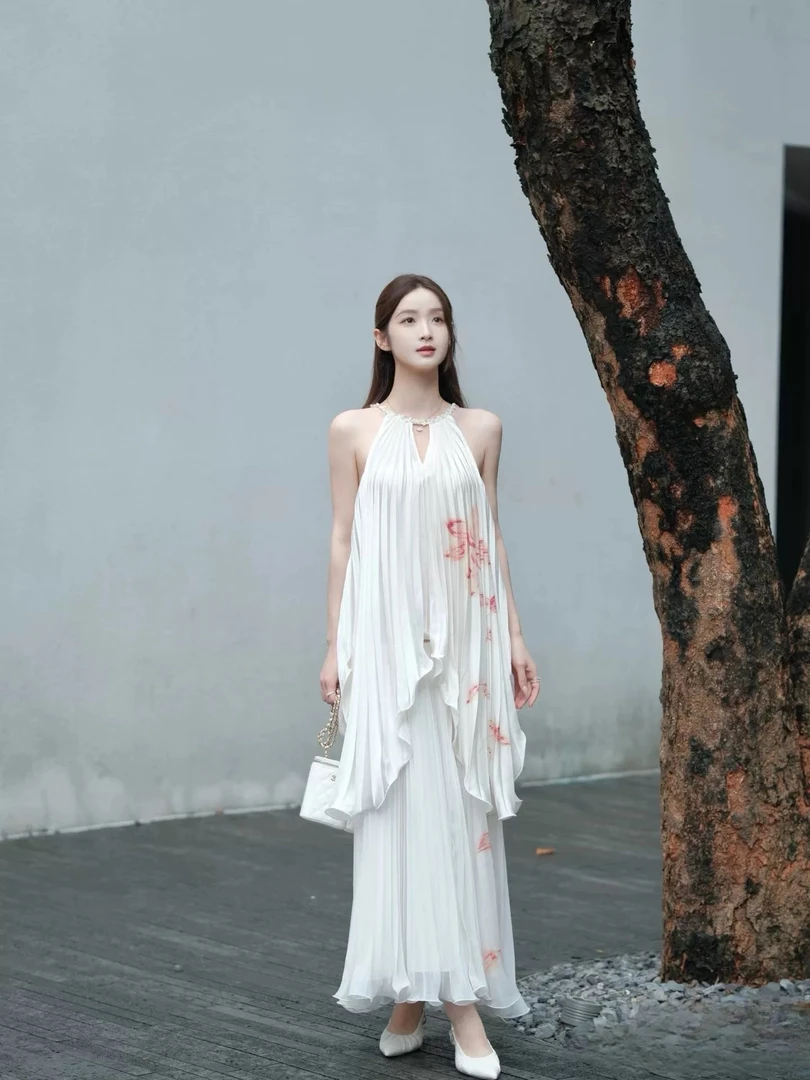 花颜颜范冰冰优雅度假风双层印花浪漫白色玉兰连衣裙