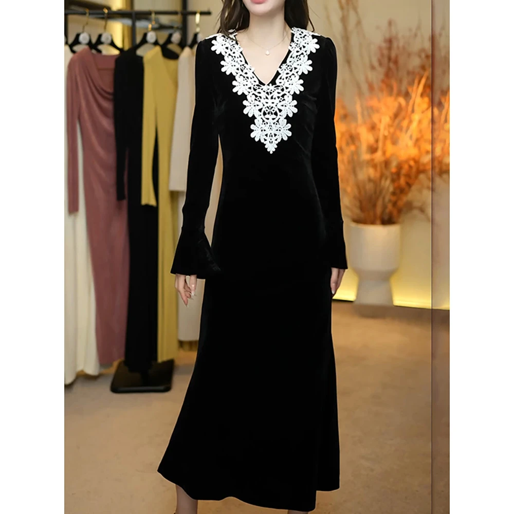 轻奢法式蕾丝花边显瘦丝绒连衣裙2026春新宴会优雅喇叭长裙a字裙