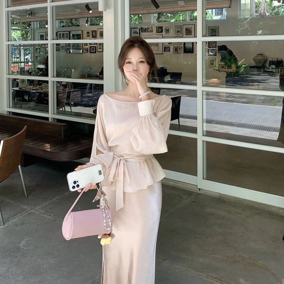 法式温柔风气质套装女2025秋季新款长袖系带上衣缎面半身裙两件套