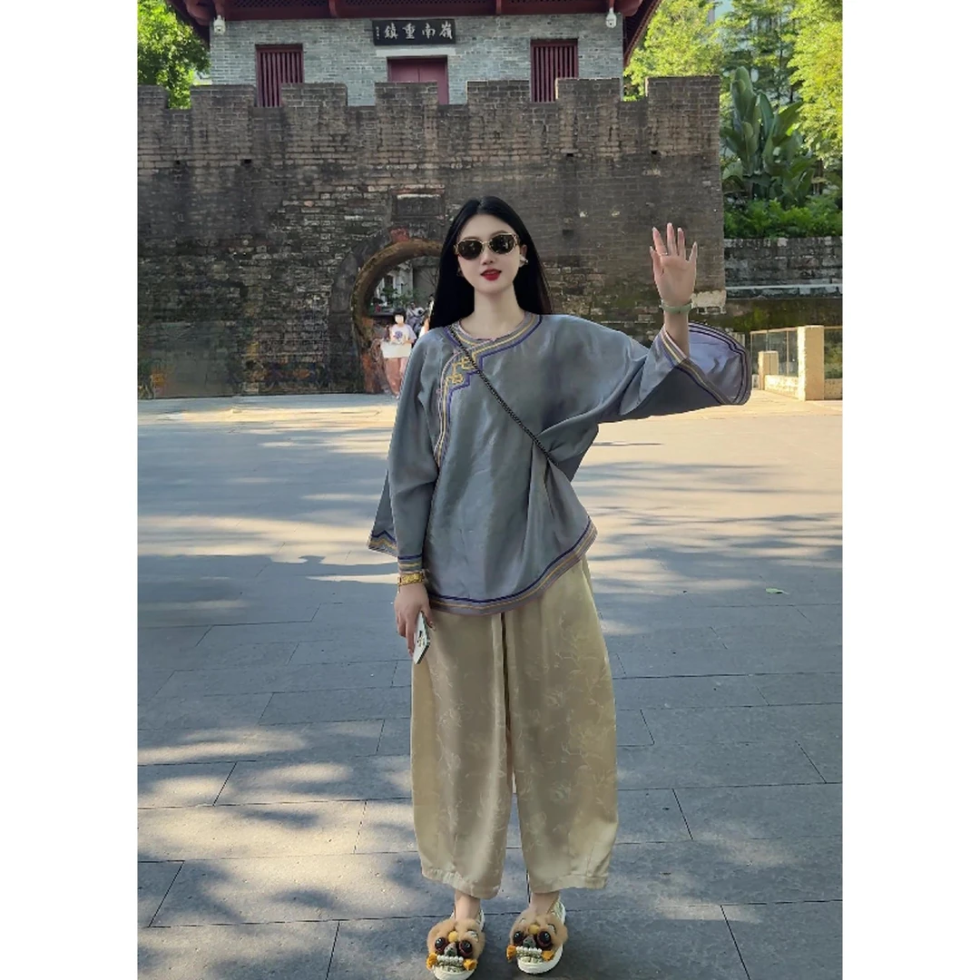 「煮余年」新中式休闲气质显瘦法式时尚禅意古风圆领斜襟上衣提花