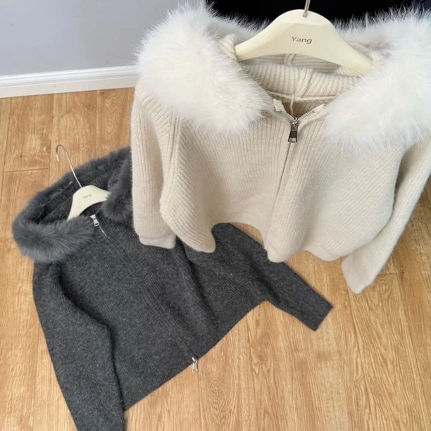 【千金】可拆卸毛领麦穗针/多股纱/双拉链针织开衫毛衣秋冬