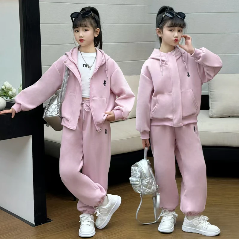 女童套装春秋2025新款儿童洋气连帽大童休闲运动上衣网红两件套潮
