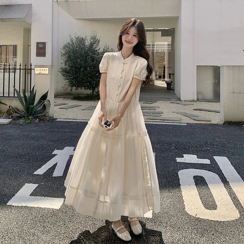 白色新中式连衣裙女中长款2025夏新款国风甜美显瘦今年流行仙女裙