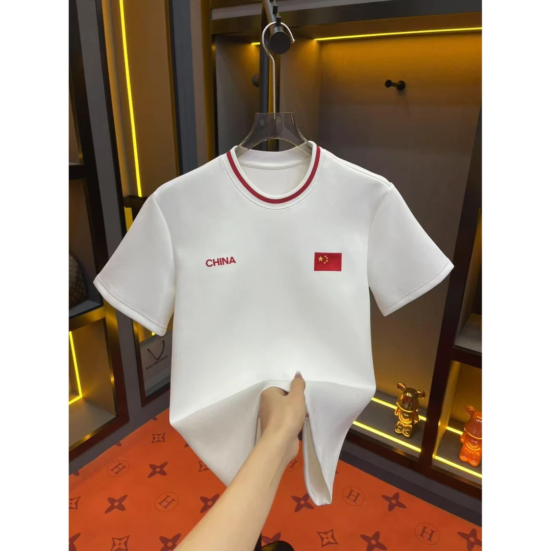 2025春季新款圓領男士輕奢休閑半袖修身设计師刺繡卫衣9088款