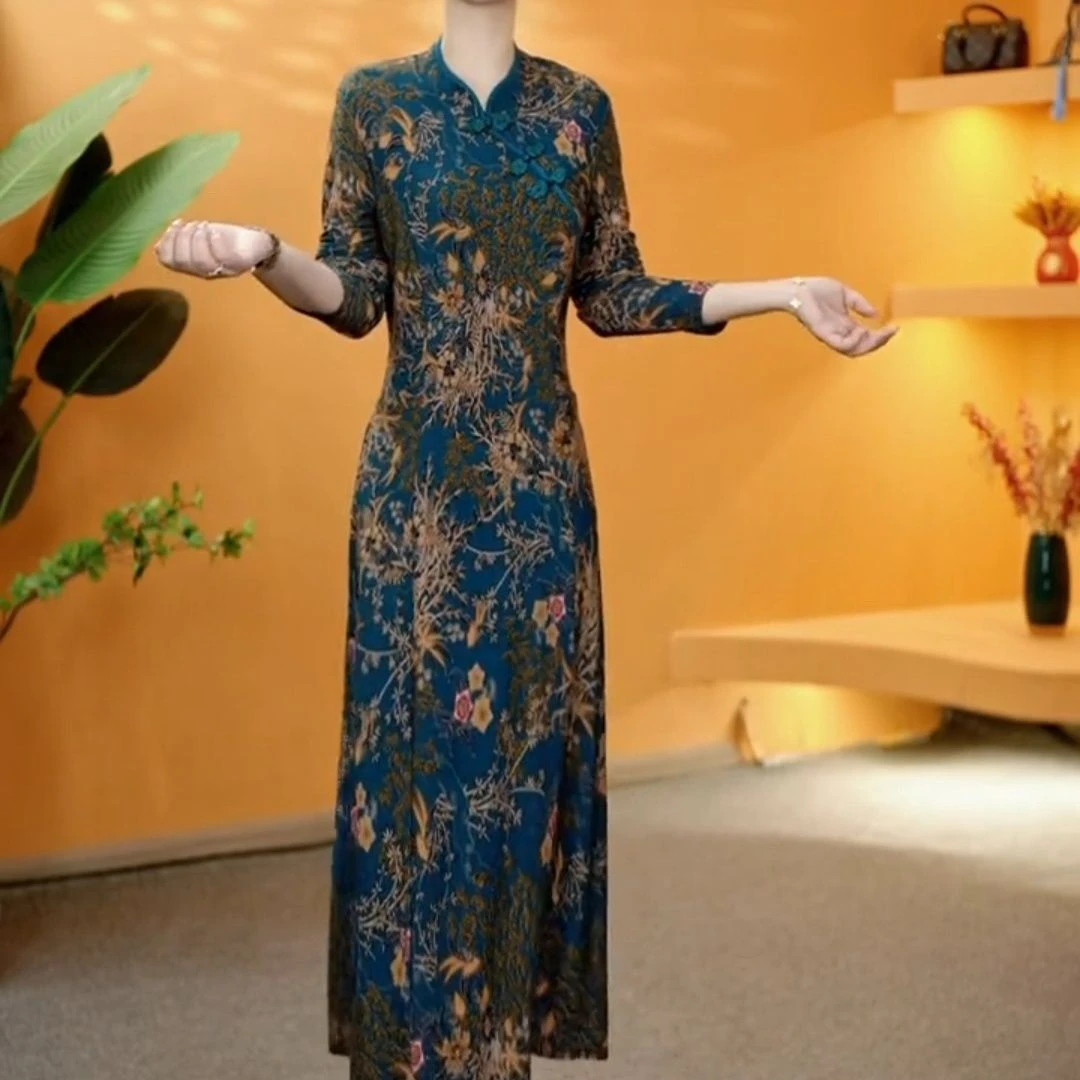 画报夫人【奥莱清仓】2025新品长袖原版弹力缎面显瘦改良旗袍连衣裙