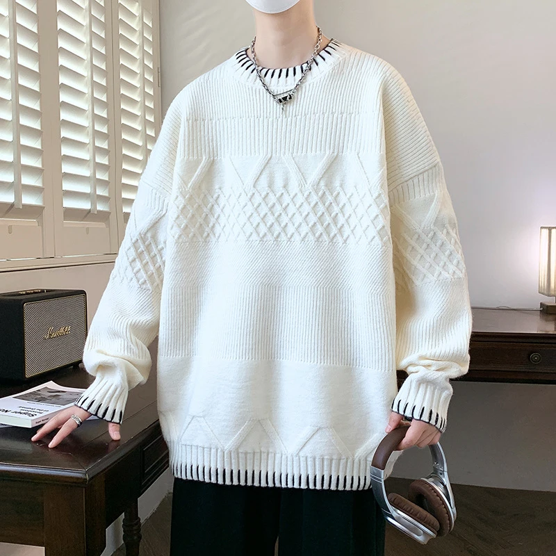 设计感撞色毛衣男秋冬季加厚拼接针织衫男宽松休闲青少年毛衫外套