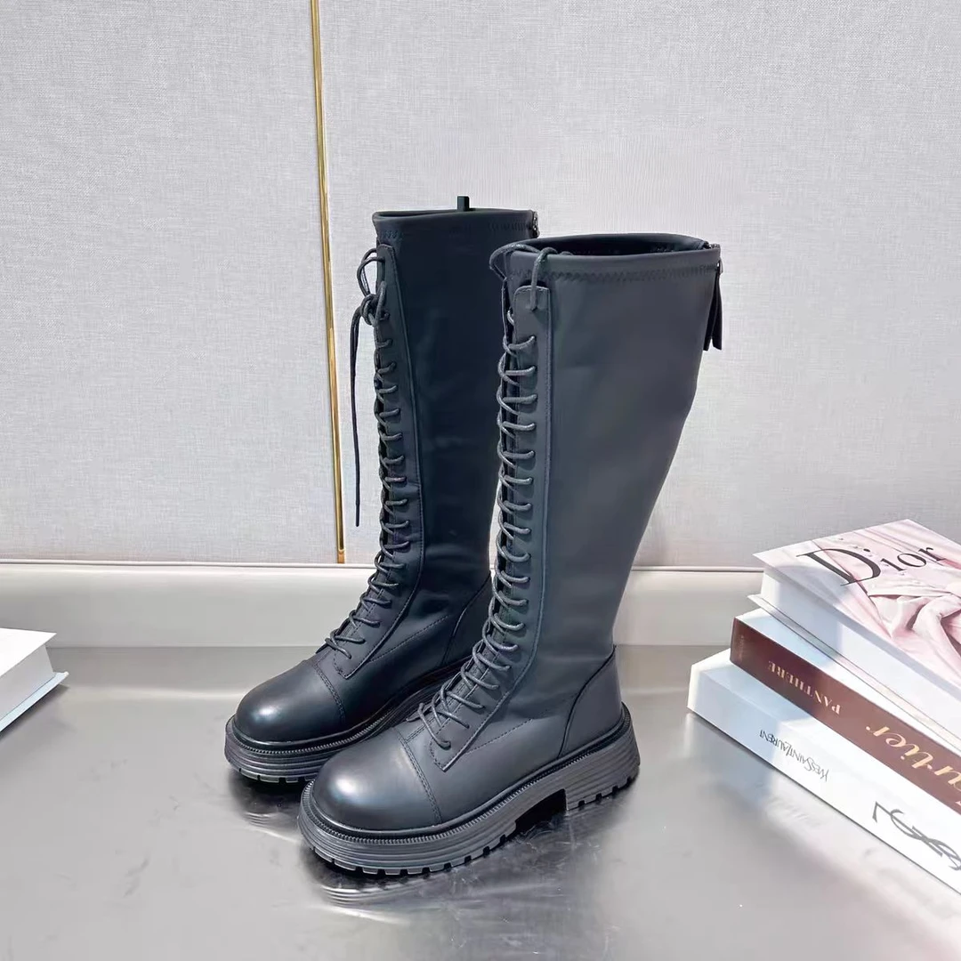 56201  新款时尚百搭圆头厚底平口长筒时装靴加绒