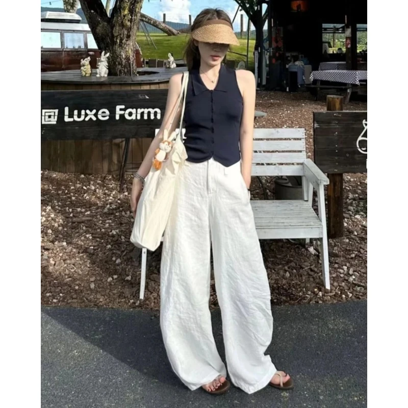 法式polo翻领无袖背心女夏季外穿修身独特别致上衣百搭阔腿长裤子