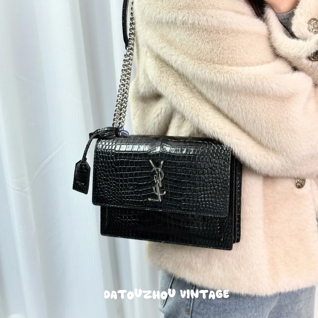 95新 YSL/圣罗兰 黑银鳄压日落单肩斜挎包ww
