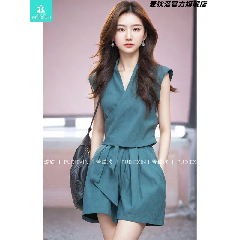 蓝色品质上衣短裤两件套装酷搭配一整套夏装轻熟小众不撞款2025夏