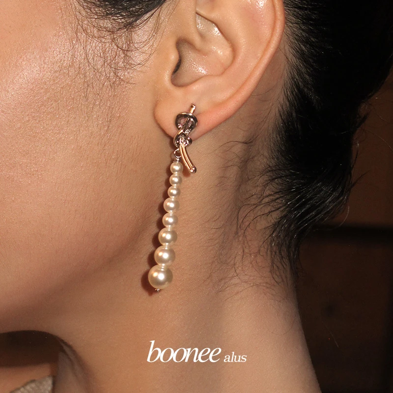 boonee alus 铜合金仿珍珠耳饰 绳结长款耳环高级设计感耳钉耳饰