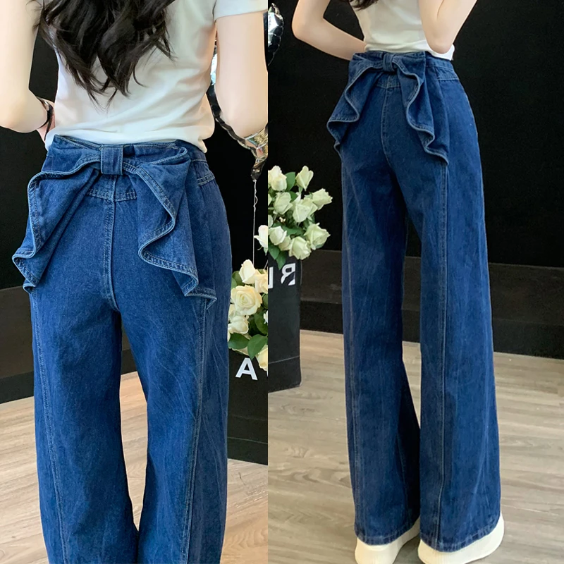 网红蓝色高腰牛仔裤女装夏季百搭炸街显瘦窄版阔腿中国风直筒裤