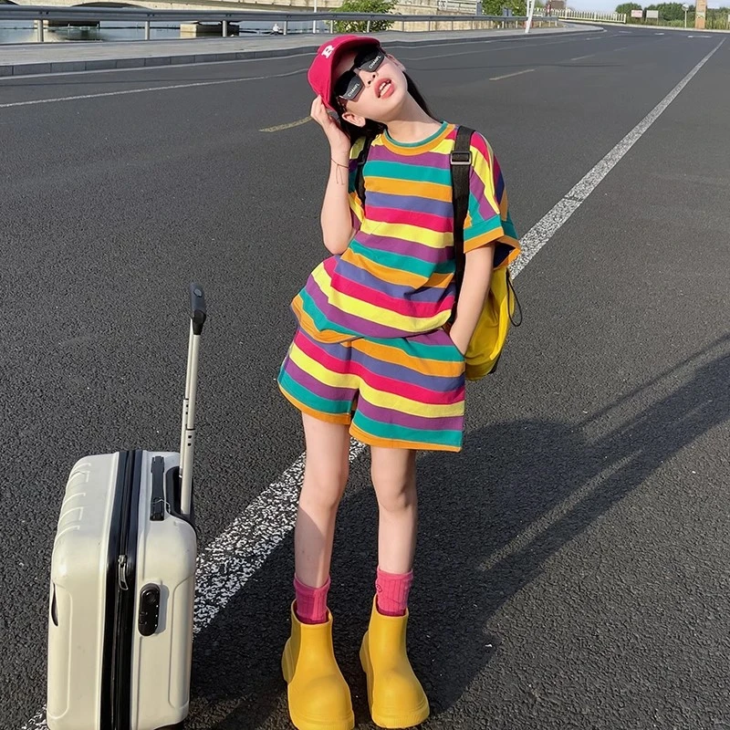儿童夏季彩色穿搭套装洋气2025新款女童夏装短袖童装女孩两件套