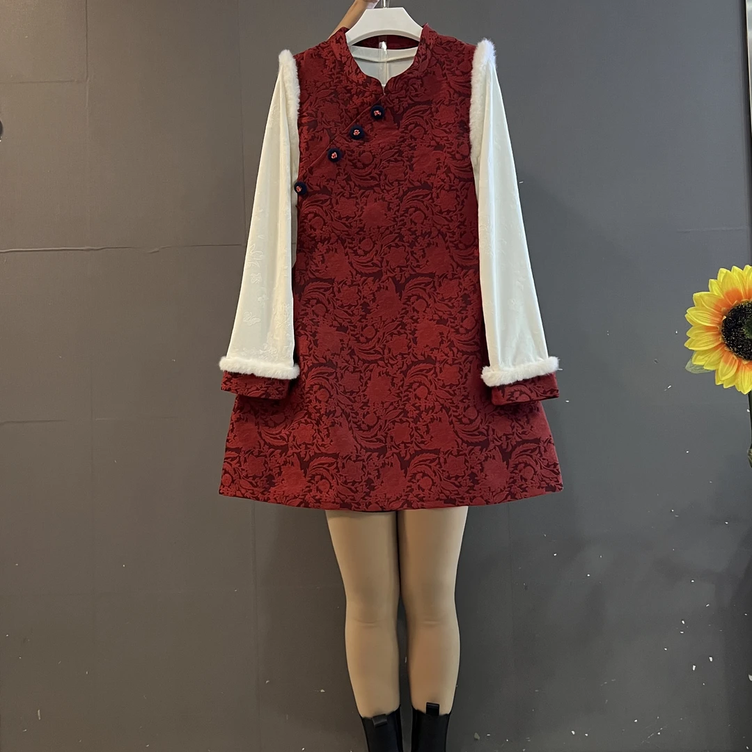 新中式国风时尚气质拼袖打底衫➕提花马甲裙复古显瘦两件套