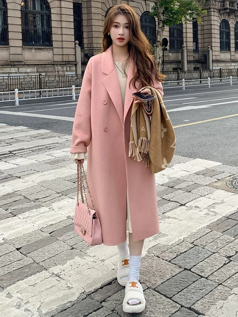 H25粉色双面毛大衣女秋冬季新