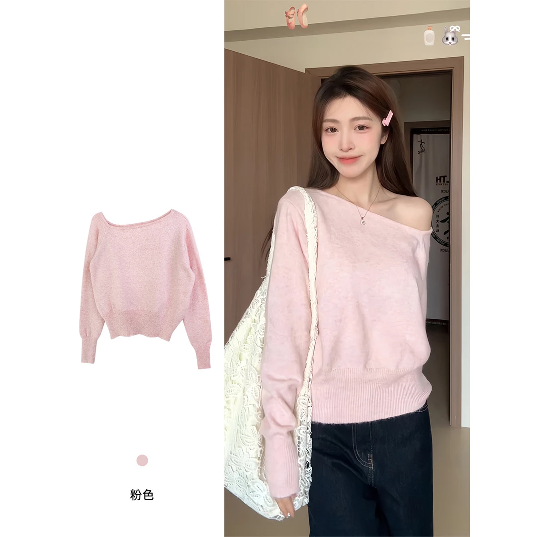 慵懒风宽松休闲2025春秋女韩系小个子针织打底衫高级感一字肩上衣