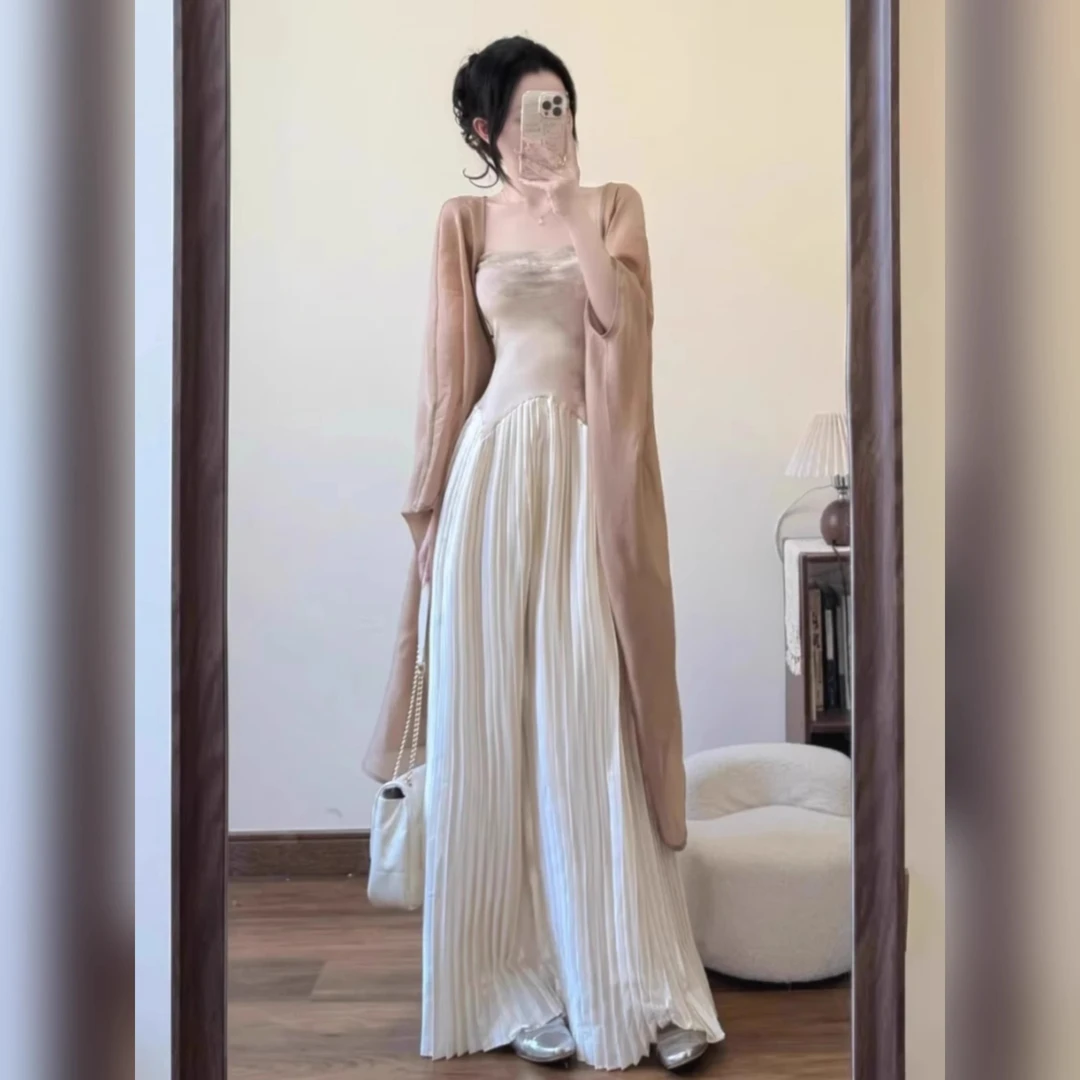 新中式禅意复古抹胸吊带连衣裙女夏季清冷感小众气质收腰长裙套装