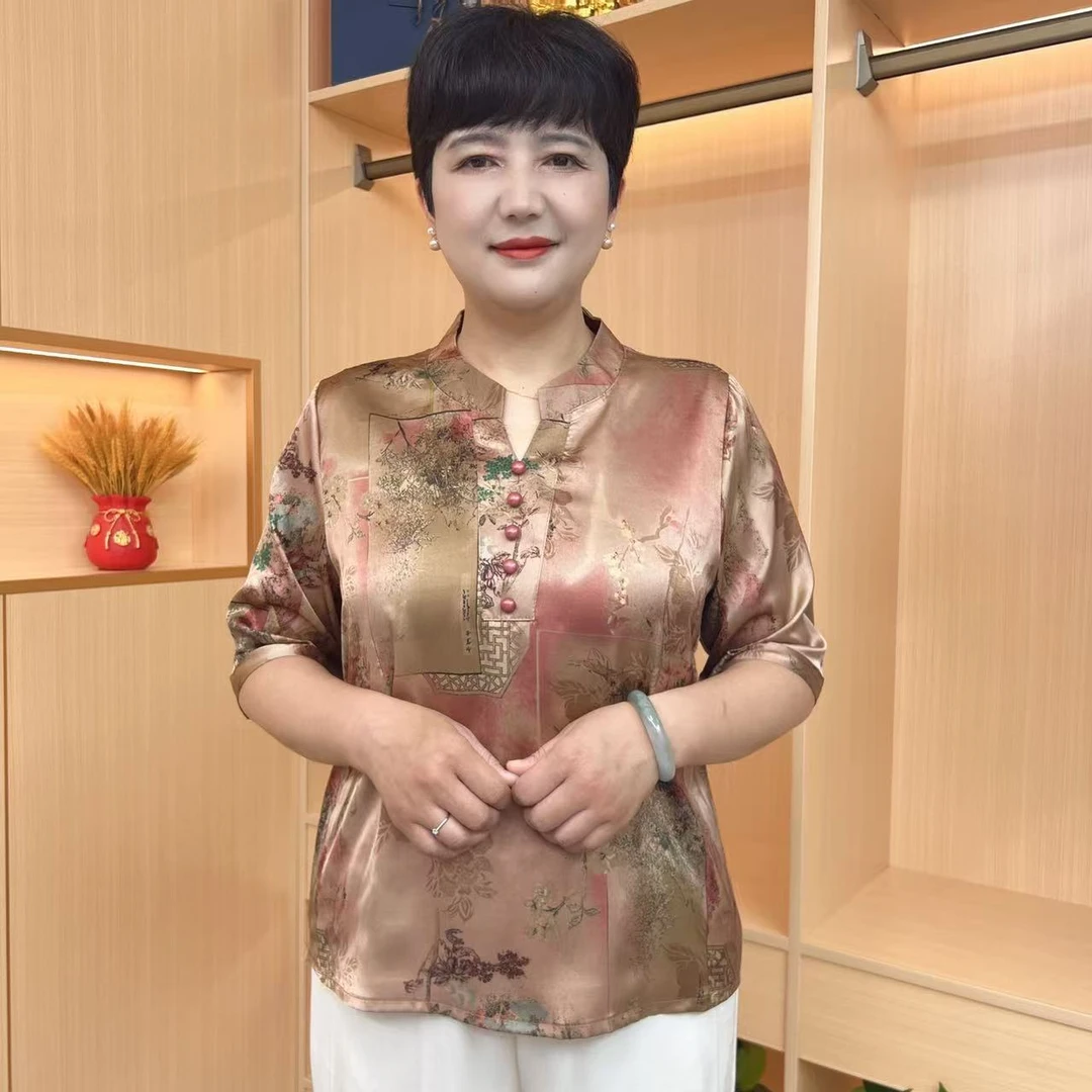 新款中老年妈妈夏季薄款短袖大码宽松时尚百搭妈妈上衣