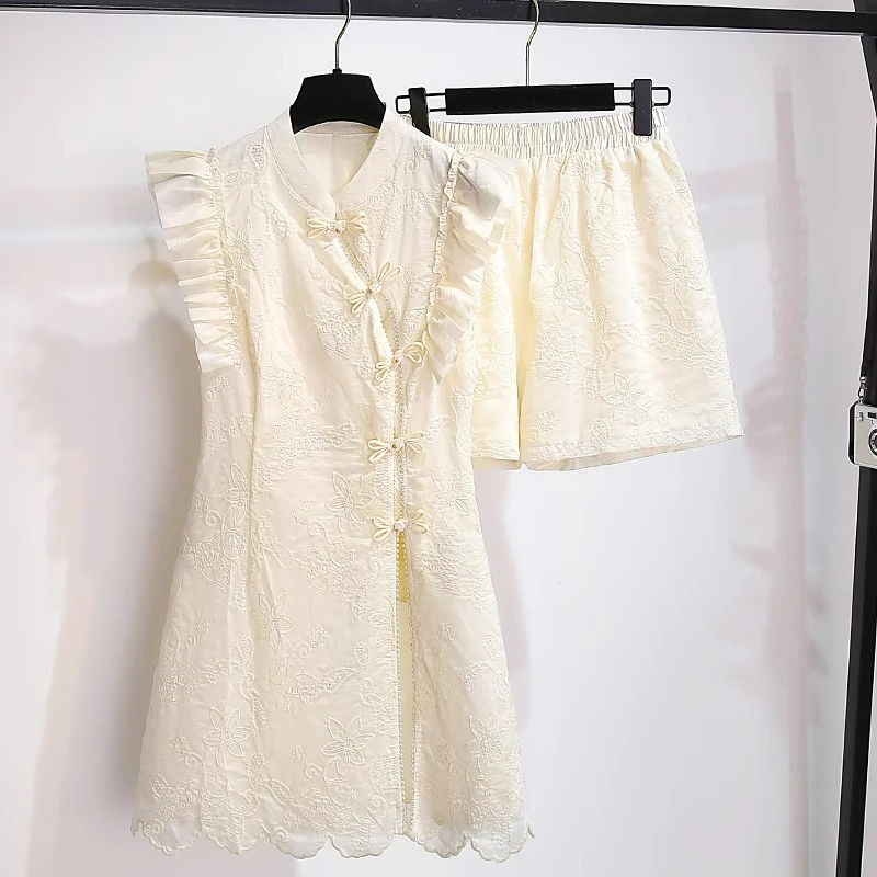 新中式荷叶边小香风飞袖重工刺绣旗袍舒适连衣裙短裤套装女夏2025