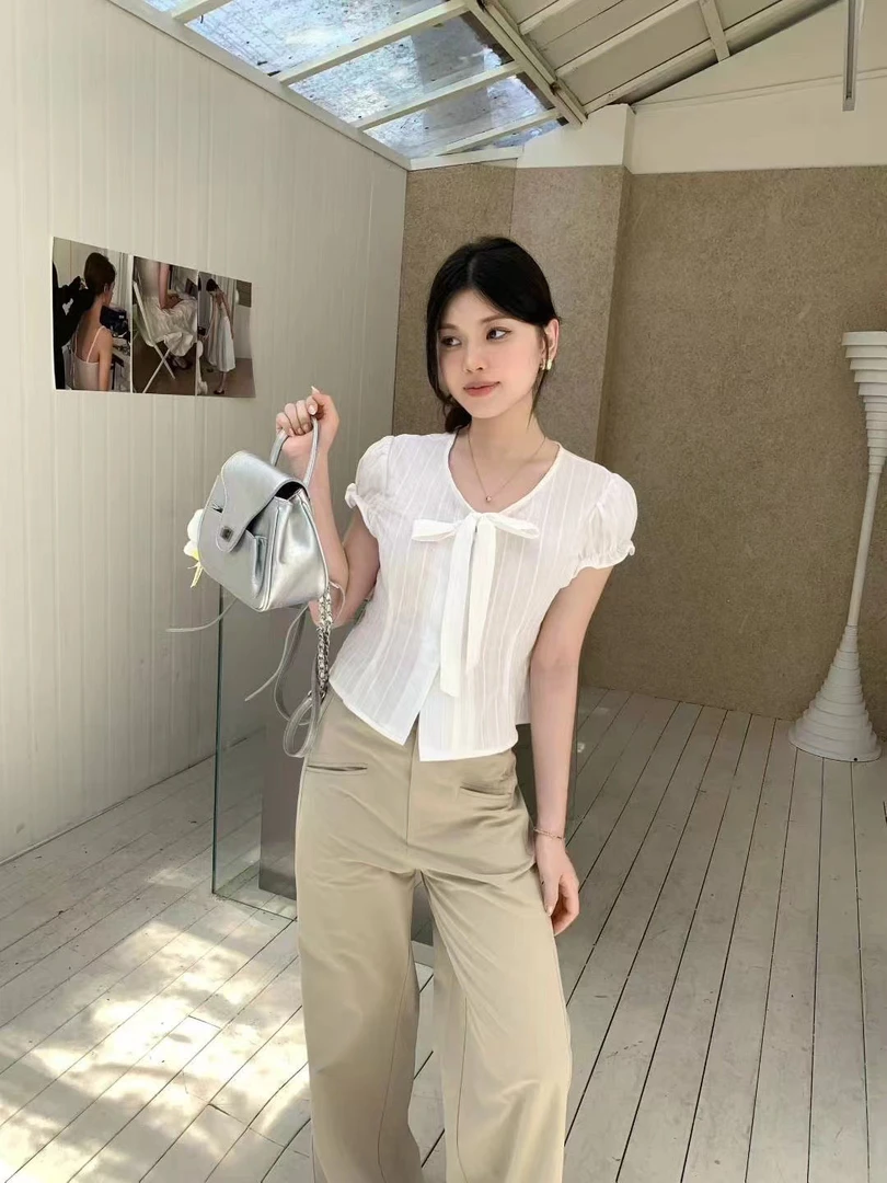韩系甜美复古风系带泡泡袖飘带短袖衬衫女夏季百搭显瘦上衣